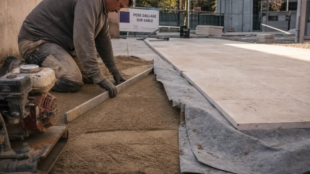 Pose de dalles sur sable : lit de pose en sable compacté et géotextile