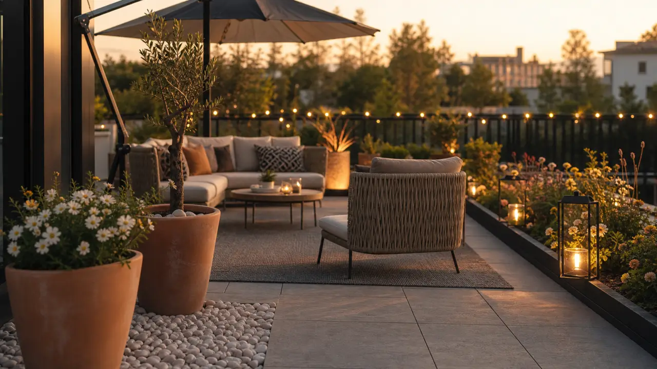 Déco jardin extérieur : terrasse avec guirlandes lumineuses et coin détente
