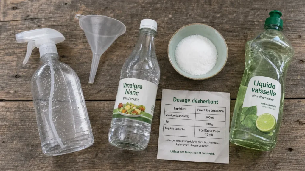 Dosage du désherbant vinaigre, sel et liquide vaisselle : 40 g ou 100 g selon la surface