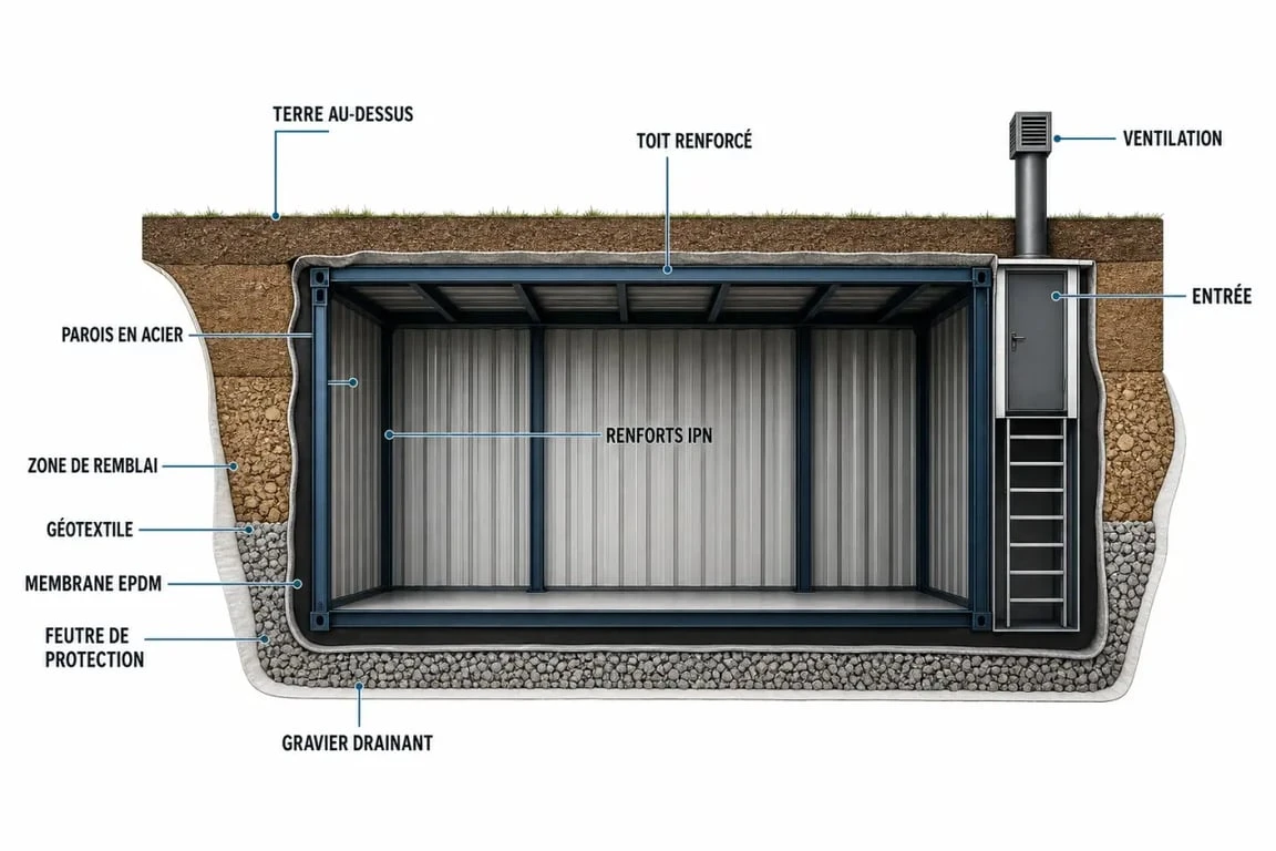 Schéma en coupe d’un container enterré montrant les couches de protection et de drainage