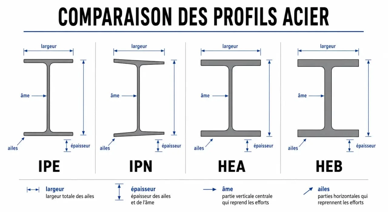 Comparatif visuel des sections de poutres acier IPE, IPN, HEA et HEB pour le choix d'une poutre IPE