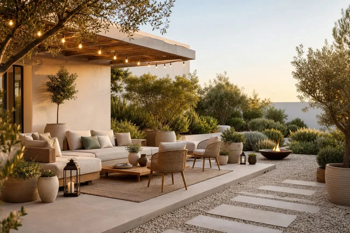 Déco jardin extérieur : terrasse contemporaine avec guirlandes, pots de fleurs, graviers et ambiance chaleureuse