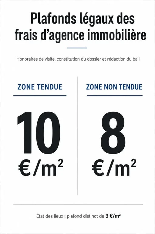 Infographie des plafonds légaux des frais d'agence immobilière selon la zone géographique pour savoir qui paie les frais d'agence