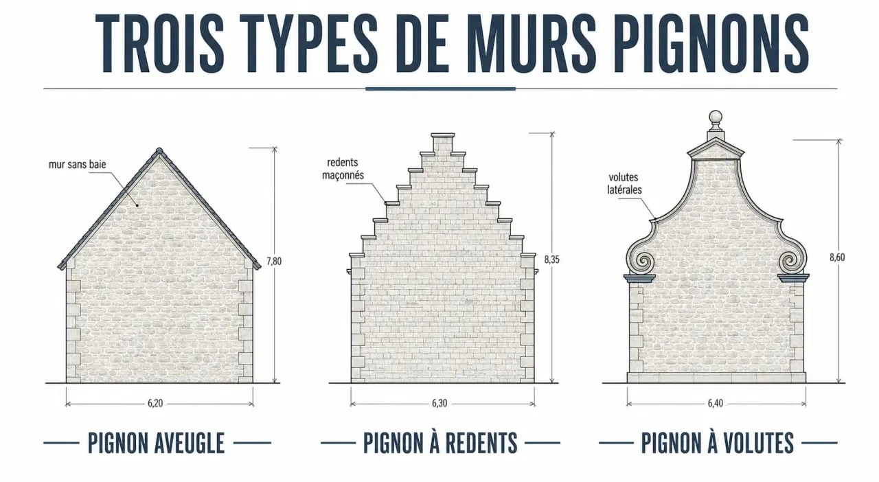Illustration des différents types de murs pignon : aveugle, à redents et à volutes pour la rénovation