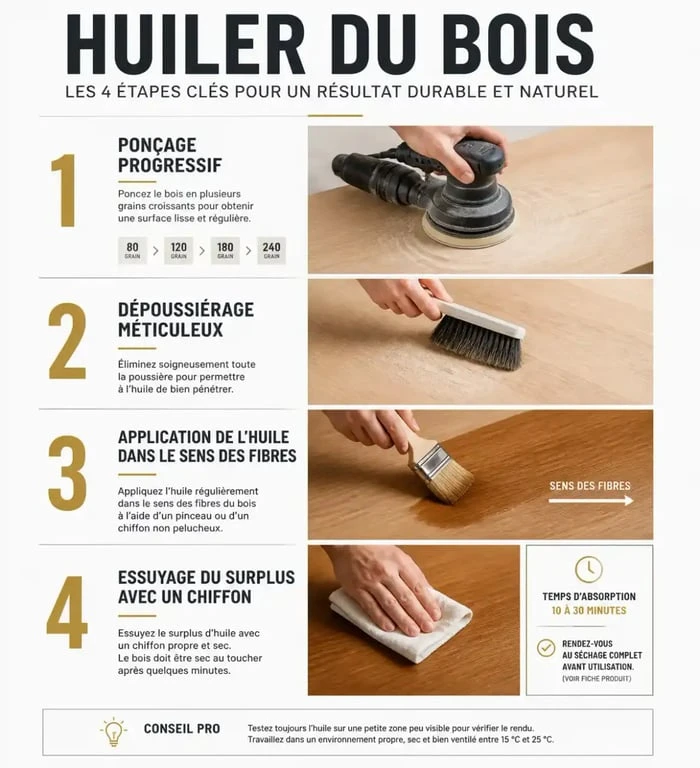 Étapes pour huiler du bois : guide visuel du ponçage à l'application de l'huile