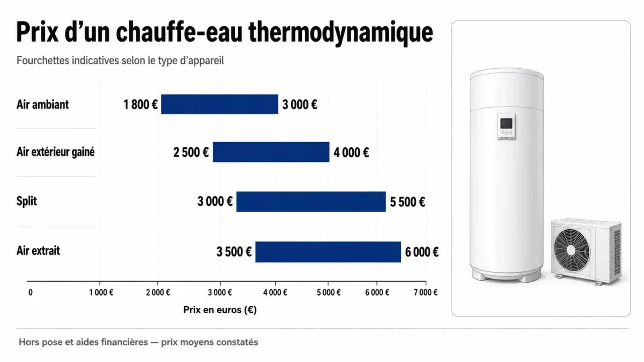 Prix chauffe eau thermodynamique : comparaison visuelle des fourchettes de prix selon le type d’appareil