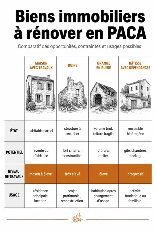 Comparatif des types de maisons abandonnées et biens à rénover en PACA pour investissement immobilier