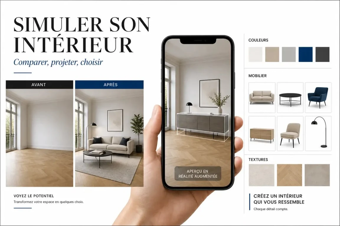 raffinement-et-habitat simulateur deco : visuel comparatif des fonctions 3D, réalité augmentée et couleurs