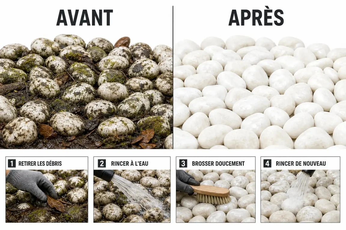 Comment nettoyer des galets blancs : avant et après nettoyage dans un massif de jardin