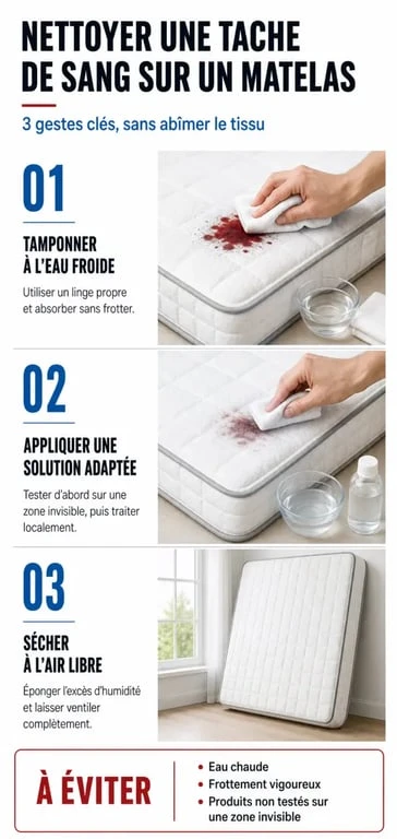 Infographie des étapes pour nettoyer une tache de sang sur un matelas