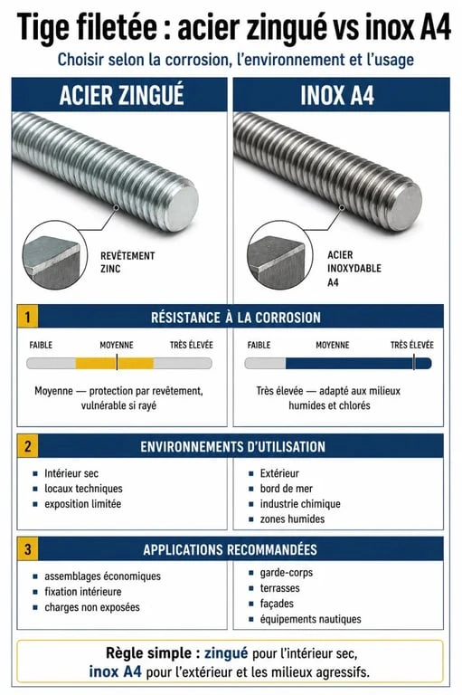 Comparatif des matériaux pour tige filetée 8 mm : acier zingué vs inox A4