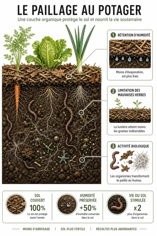 Infographie illustrant les bénéfices du paillage au potager pour la santé du sol et la croissance des légumes