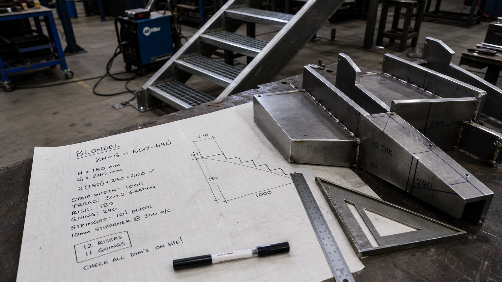 Fabriquer un escalier en metal : pente et limons en atelier, traçage sur tôle