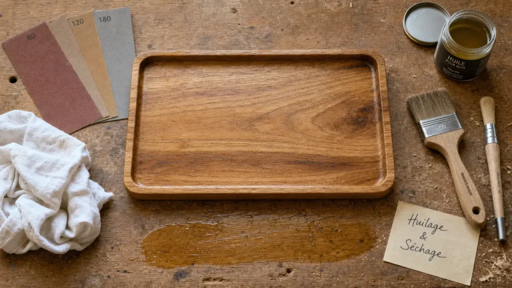 Huiler du bois : huile sur plateau bois, ponçage et chiffon