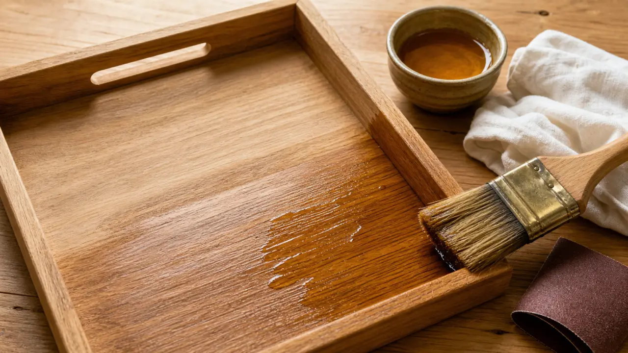 Huiler du bois : huile, chiffon et papier abrasif sur table en bois