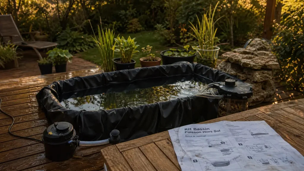 Kit bassin poisson hors sol sur terrasse en bois, liner EPDM et filtre