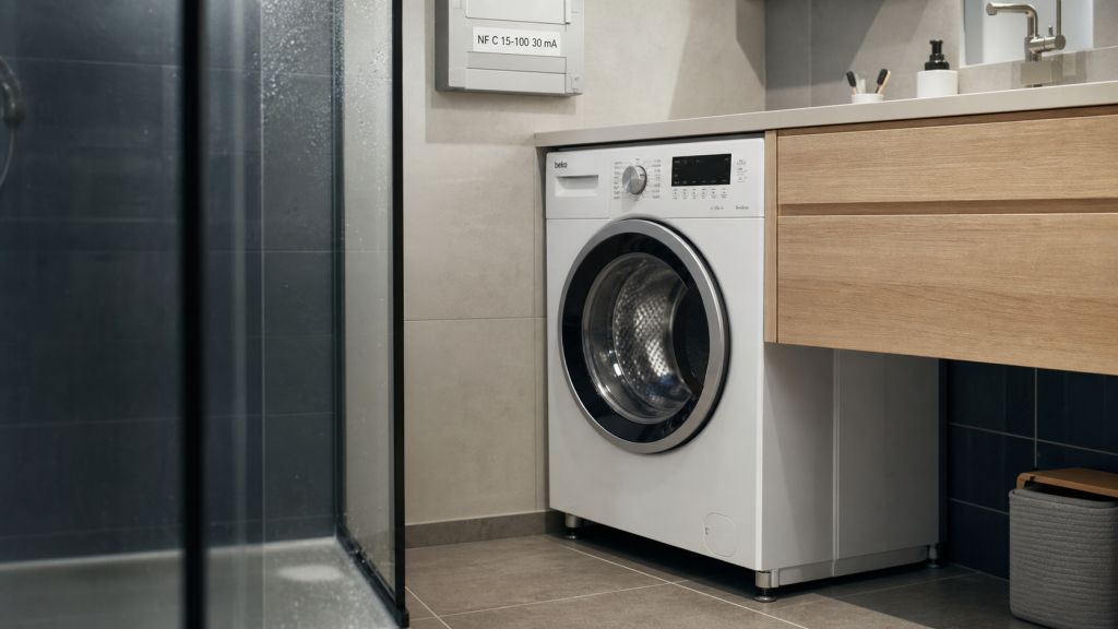 Lave linge salle de bain intégré, distance sécurité et installation conforme