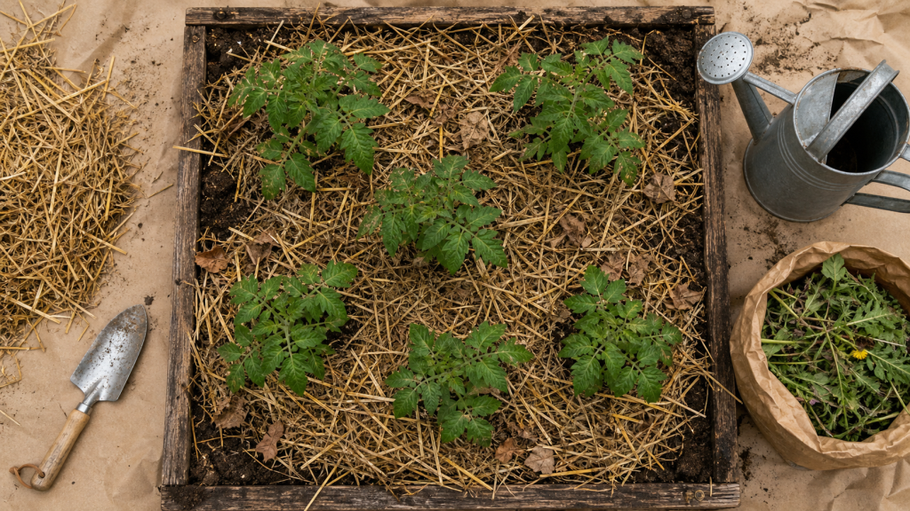 Le paillage au potager : paille sur terre autour de jeunes plants