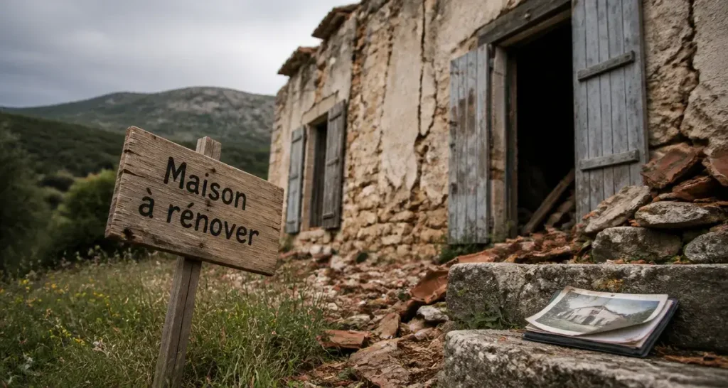 Maison abandonnée à vendre paca : pancarte « Maison à rénover » devant une grange en ruine