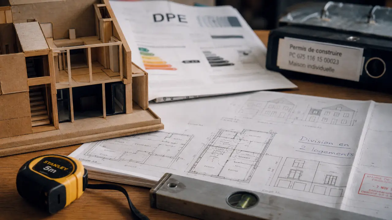 Plan “division en 2 logements” pour une maison divisée en 2 logements, avec documents et mesures.