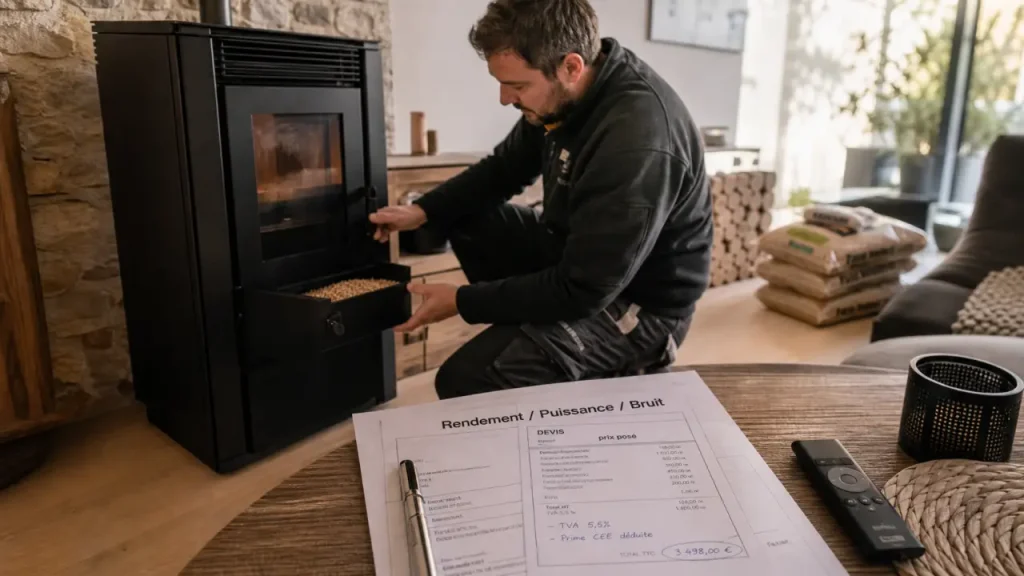 Meilleur poele a granule : rendement 90% et 35 dB, poêle noir près pierre claire