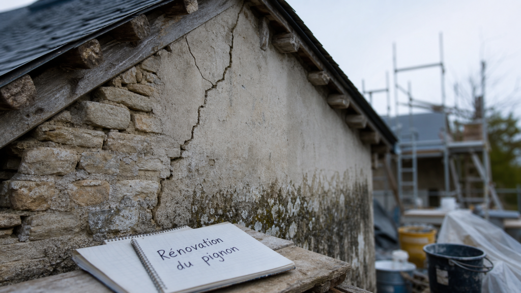 Mur pignon avec fissure et humidité, charpente visible