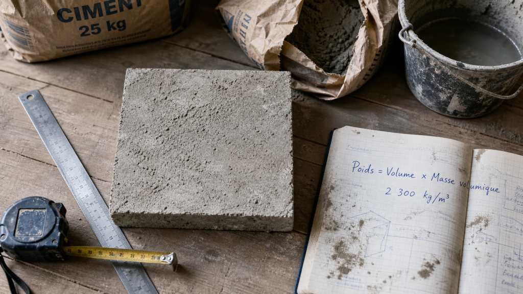 Poid beton et masse volumique 2 200 à 2 400 kg/m³ pour dalle