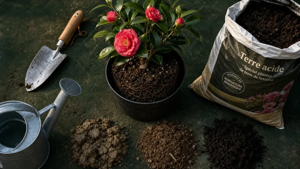 Planter un camélia à l’automne, en sol acide et drainé, pour éviter la chute des boutons