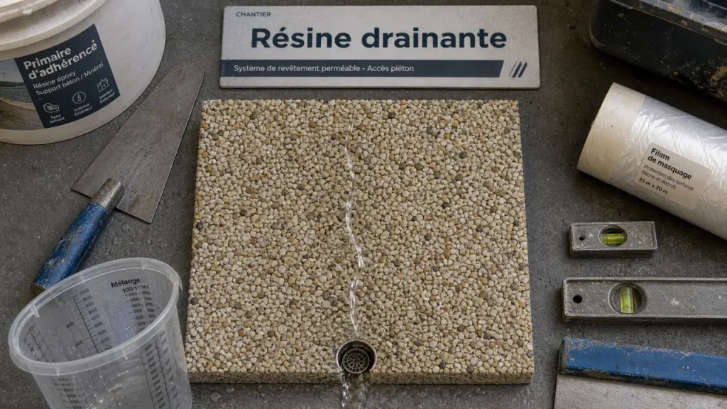 Résine drainante : granulats, goutte d’eau et drainage au m²