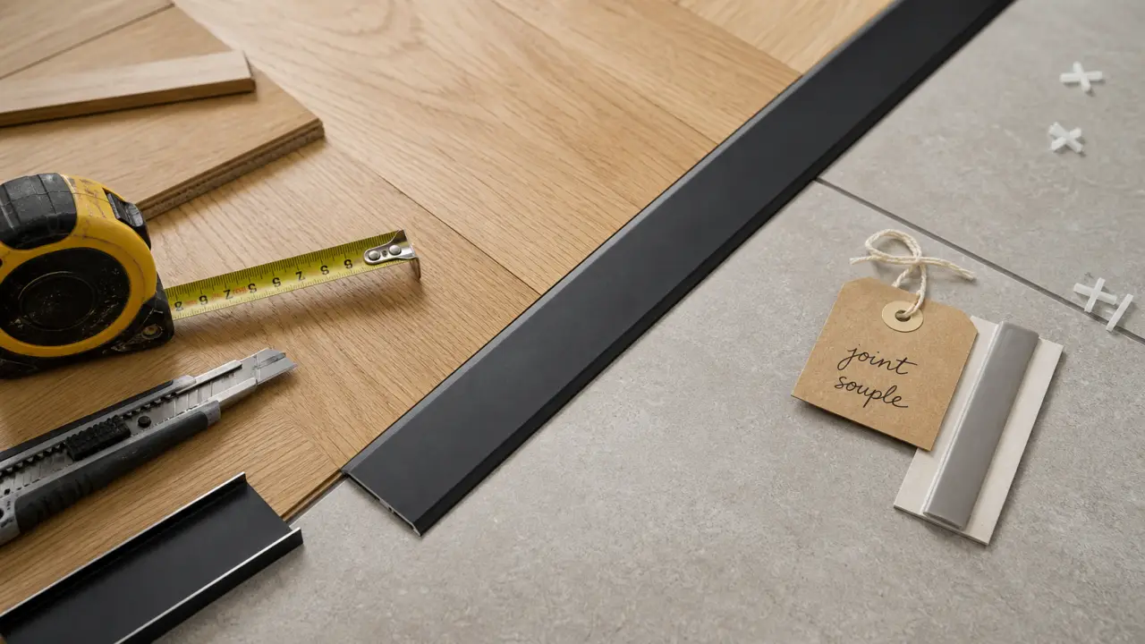 Jonction nette salon parquet cuisine carrelage : seuil aluminium noir mat entre chêne et carrelage grès