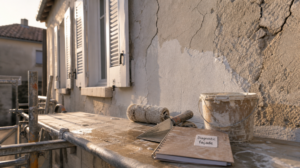 Solutions rénover ou embellir façade : enduit neuf et zones à traiter sur façade en rénovation