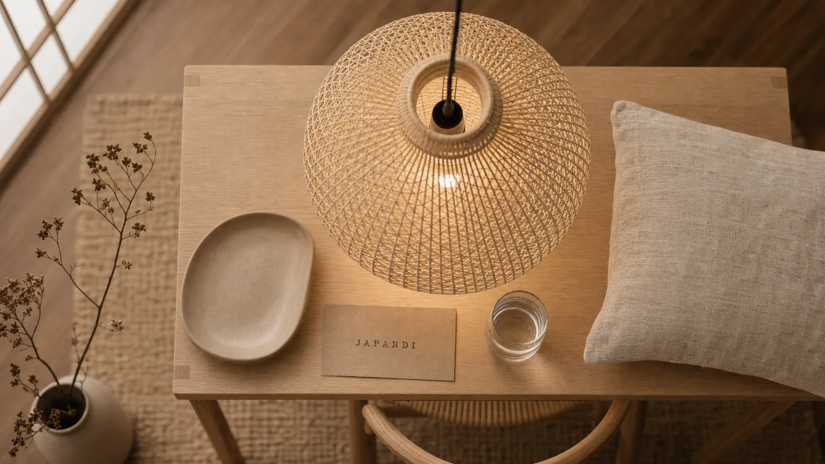 Suspension japandi en rotin sur table bois clair