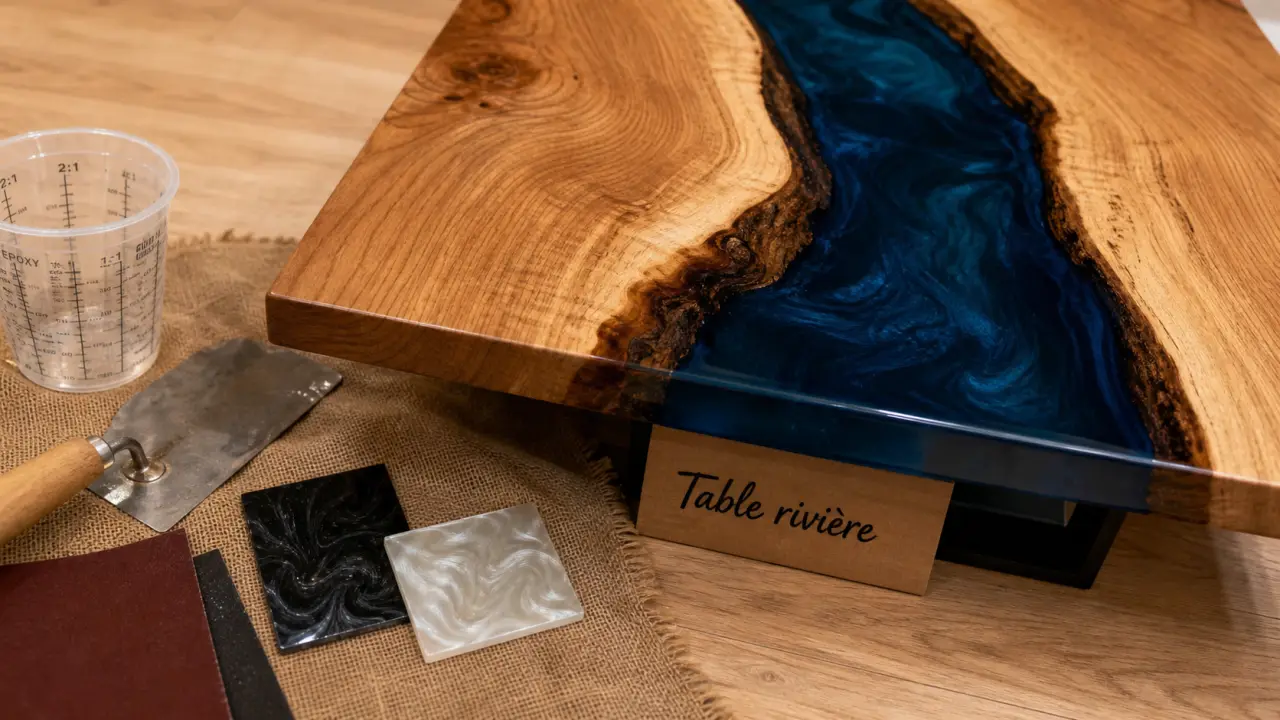 Table en résine : rivière bleue entre lames de bois et piètement