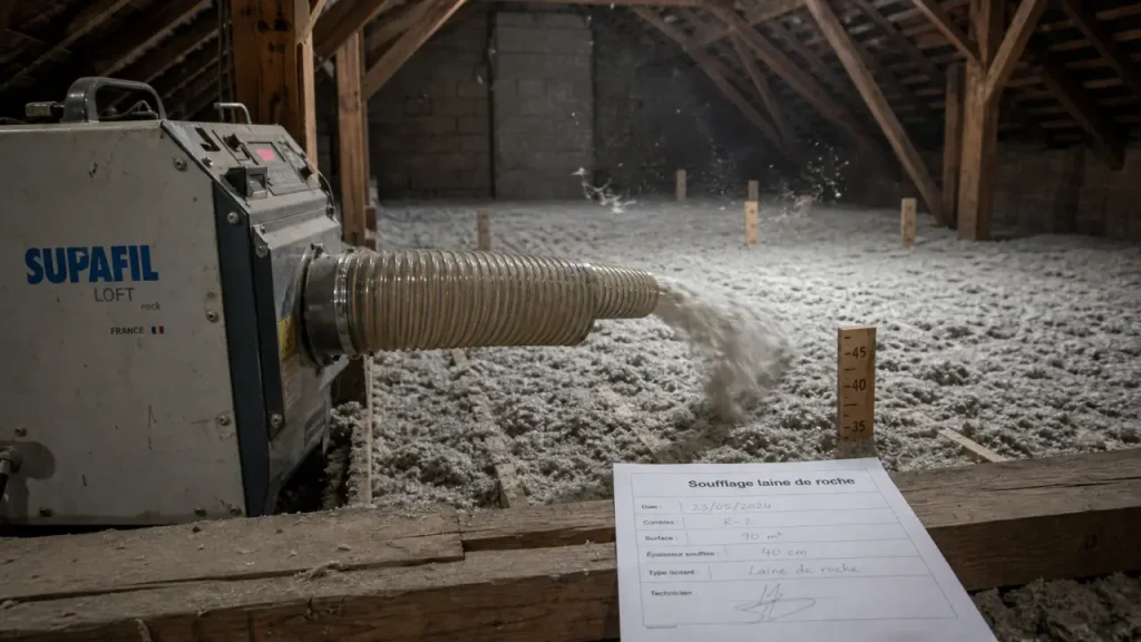 33 cm de laine de roche soufflée : l’épaisseur à viser, la machine pneumatique et les pièges à éviter