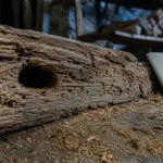 Bete dans le bois : trou d’envol, sciure et vermoulure sur une poutre