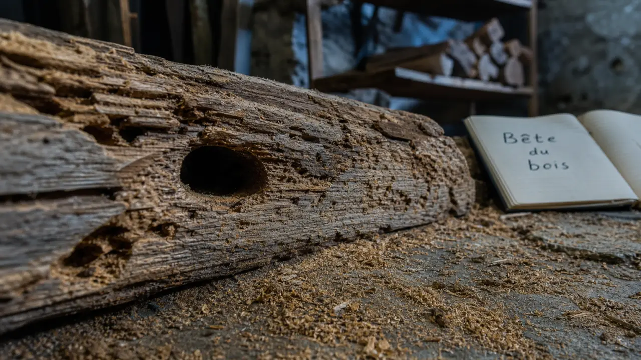 Bete dans le bois : trou d’envol, sciure et vermoulure sur une poutre
