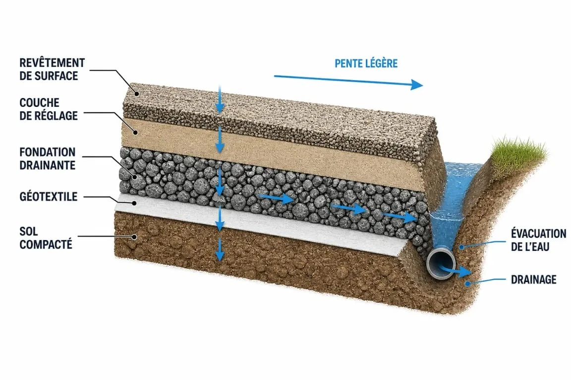 Allée carrossable pas cher : coupe des couches de pose avec drainage et fondation