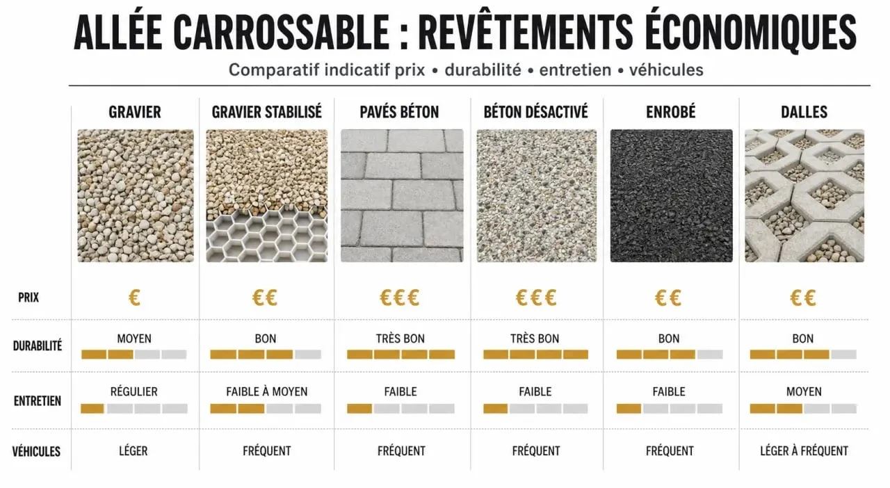 Allée carrossable pas cher : comparaison des revêtements économiques et de leur tenue