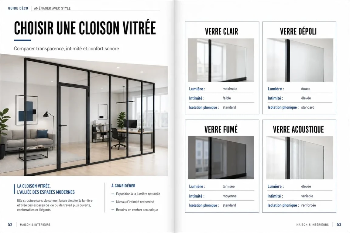 Vitre pour cloison interieure : comparaison des types de verre selon la lumière, l’intimité et l’acoustique