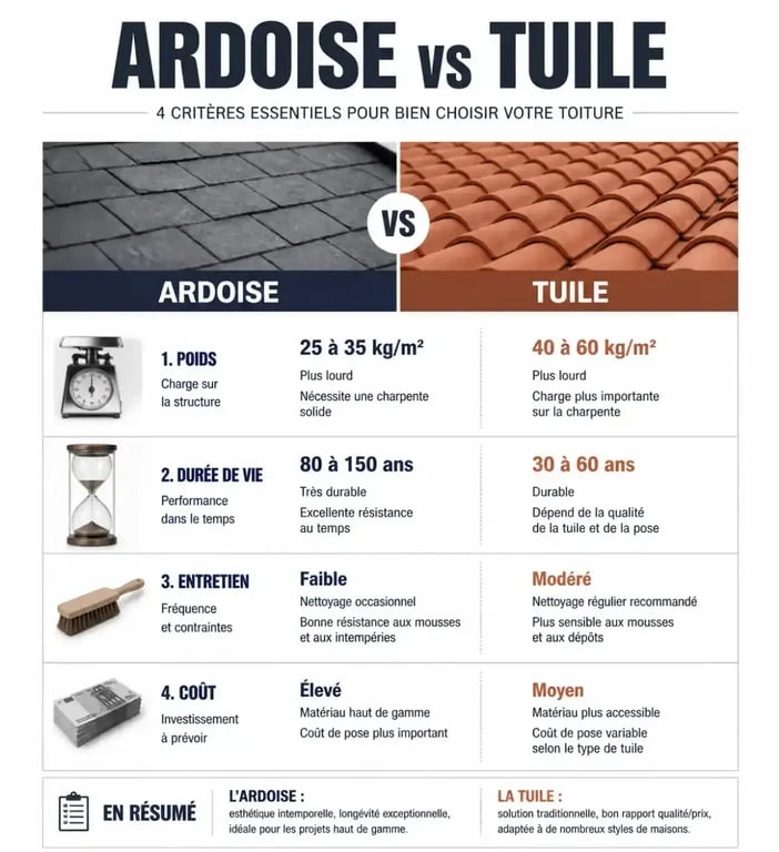 Comparatif technique entre toiture en ardoise et toiture en tuile pour choisir son matériau de couverture