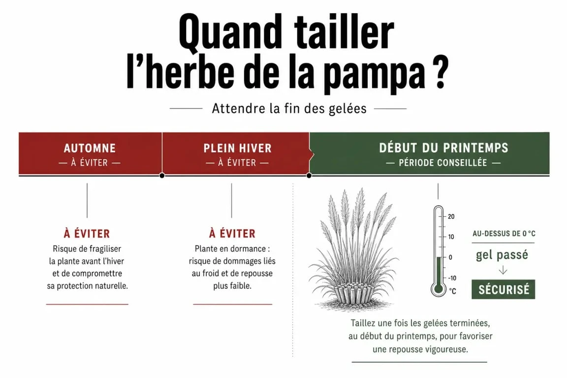Calendrier de taille pampa montrant les périodes à éviter et le début du printemps conseillé