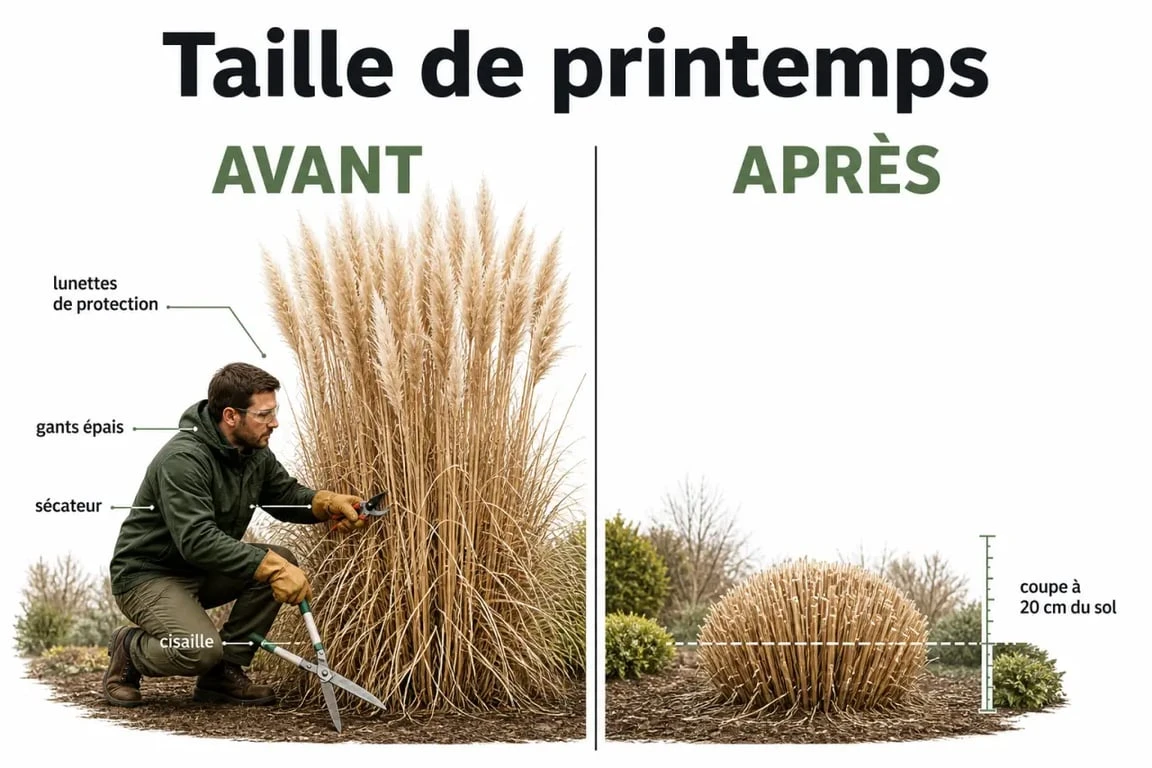 Taille pampa au printemps : jardinier taillant l’herbe de la pampa à 20 cm du sol avec gants et lunettes
