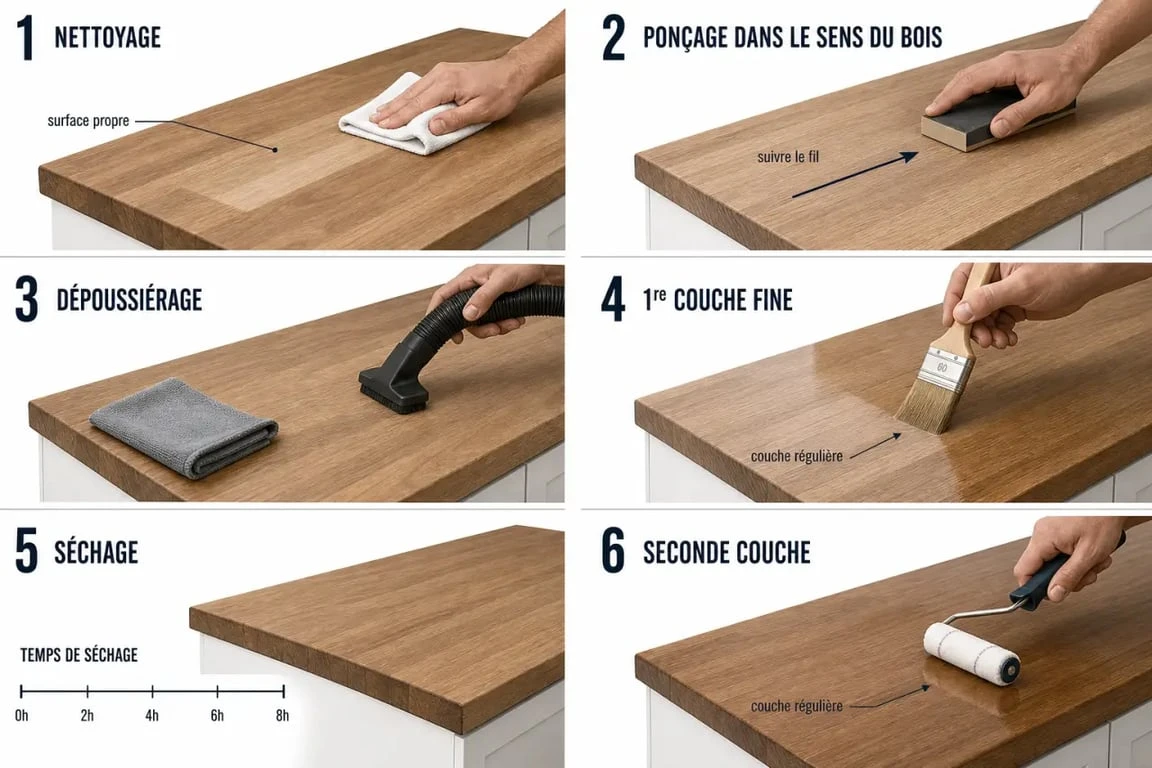 Vitrifier un plan de travail en bois : étapes de préparation, ponçage et application du vitrificateur