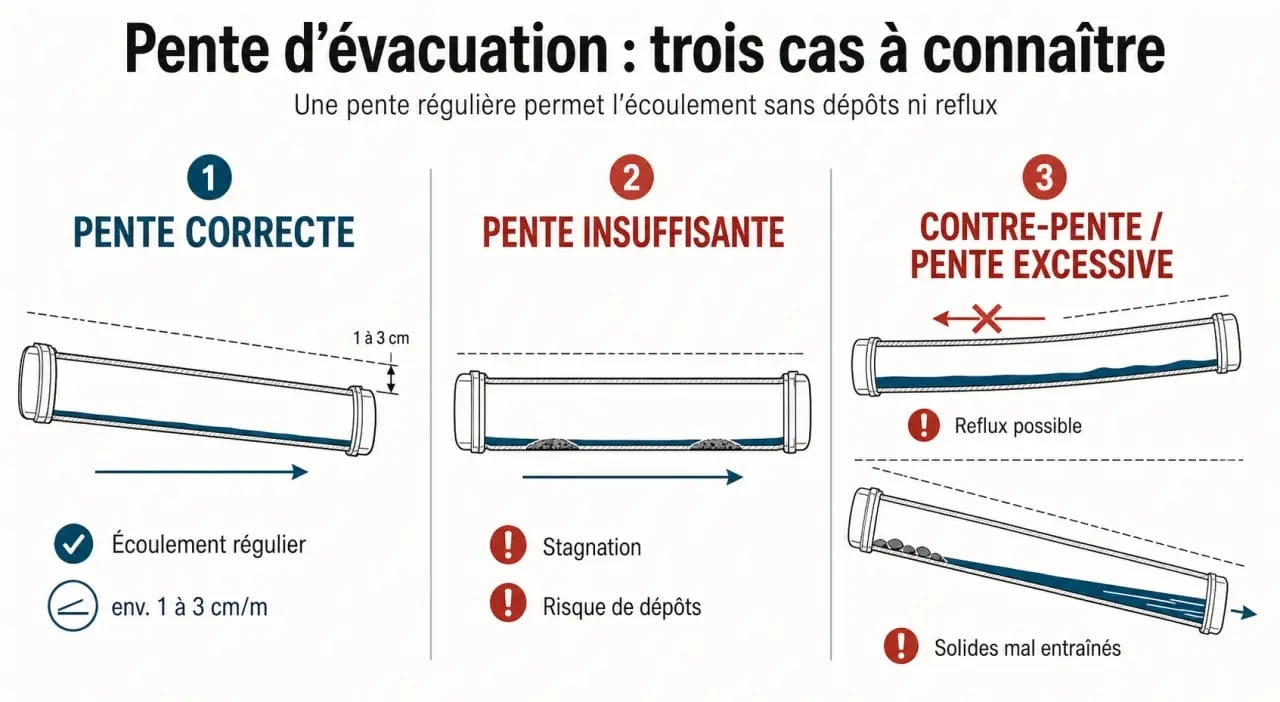 Schéma de pente évacuation eaux usées avec pente correcte, pente insuffisante et contre-pente