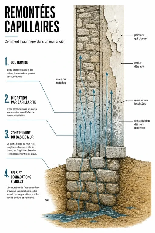Schéma de l’assèchement des murs montrant la remontée capillaire, le salpêtre et les zones humides
