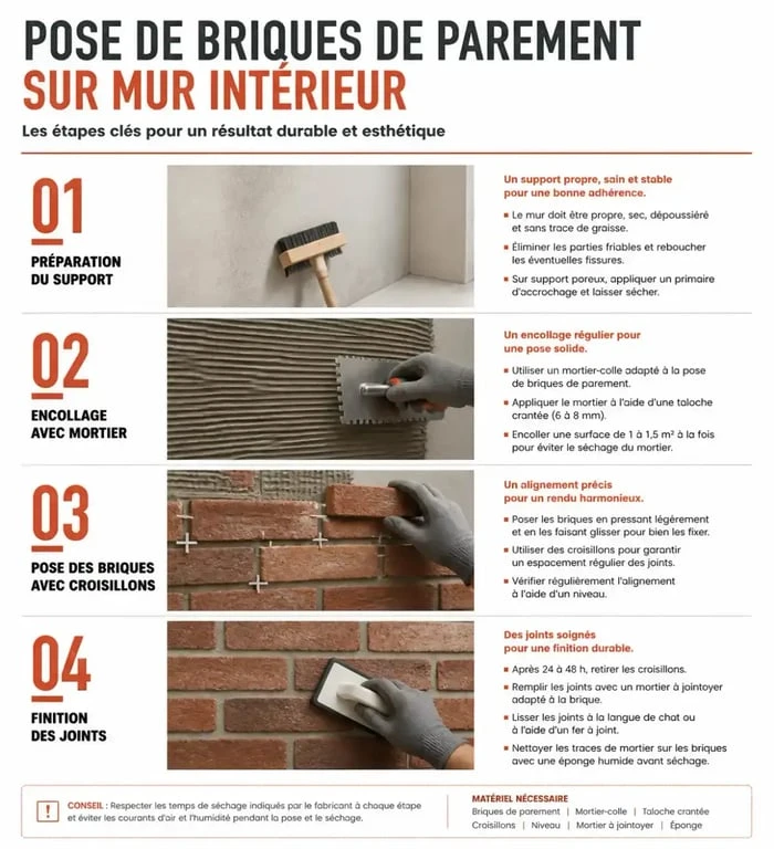 Étapes de pose de briques pour mur intérieur