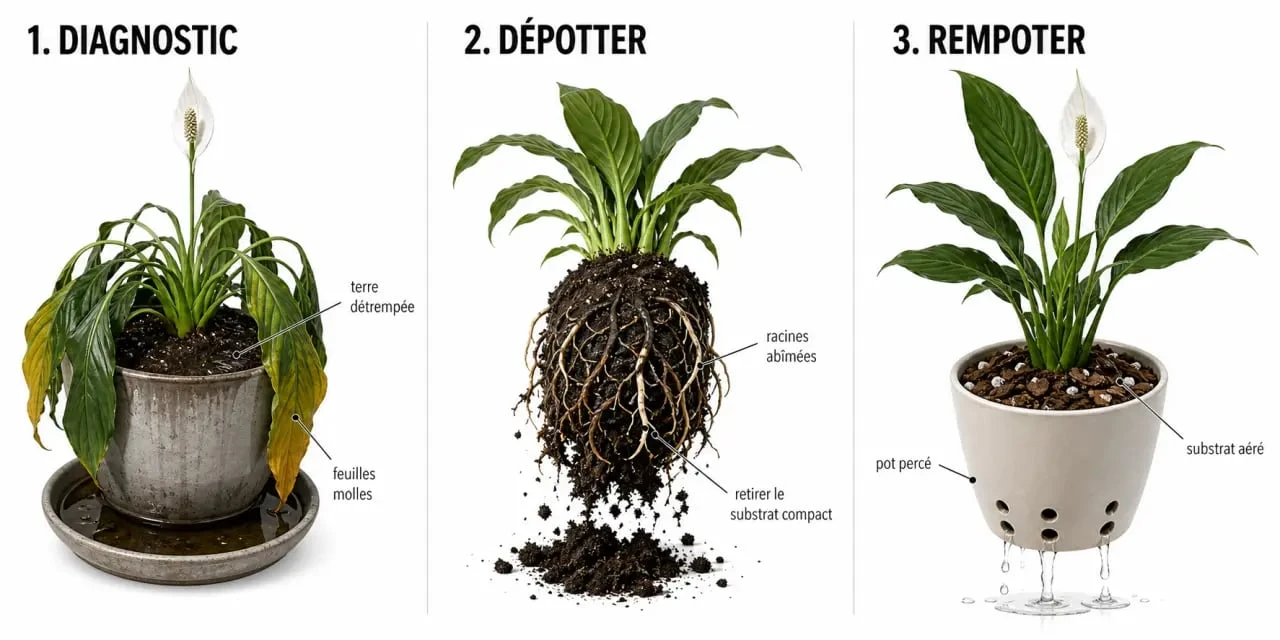 Spathiphyllum trop arrosé : sauvetage en trois étapes avec terre détrempée, racines abîmées et rempotage