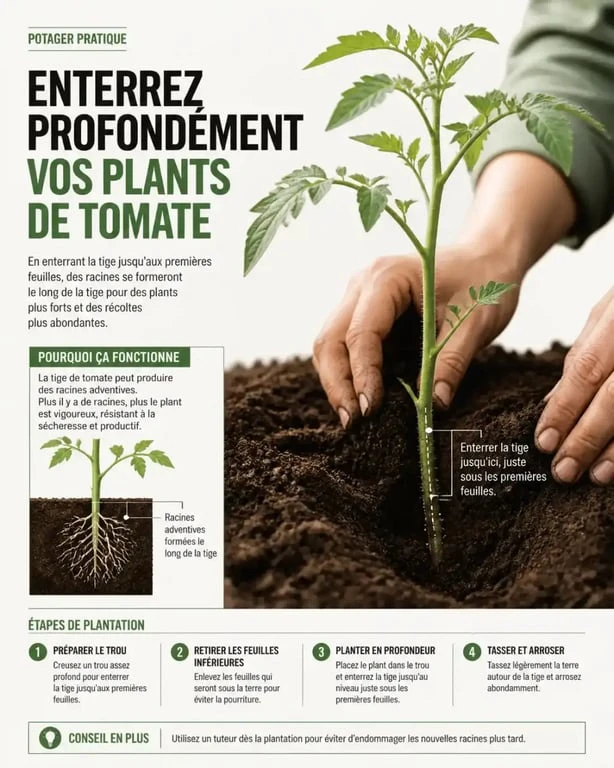 Plantation d'un plant de tomate en enterrant la tige pour favoriser l'enracinement