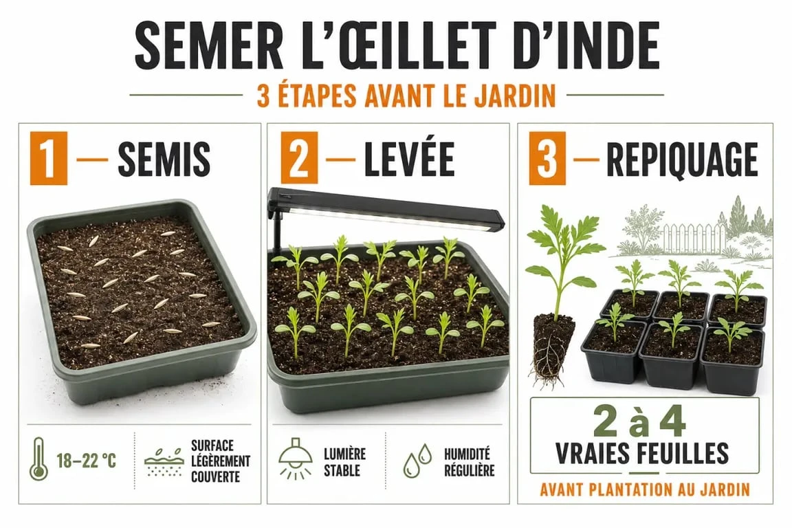 Semis oeillet d inde en étapes : terrine, repiquage en godets et plantation au jardin