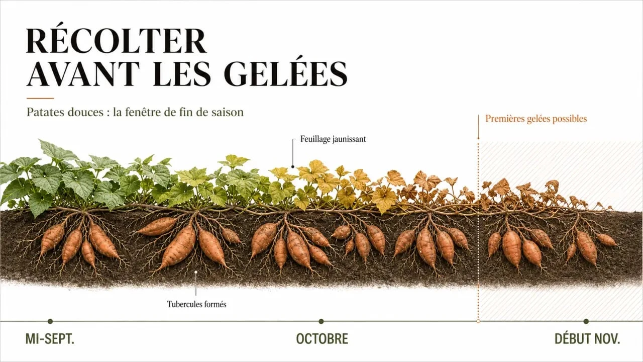 Quand récolter les patates douces : frise visuelle de la fenêtre de récolte avant les premières gelées